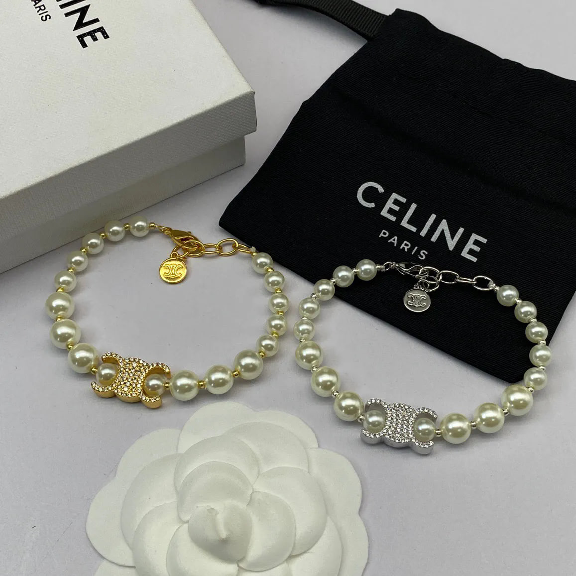 Celine Pearl Bracelet with Triomphe Motif [2 styles] -4