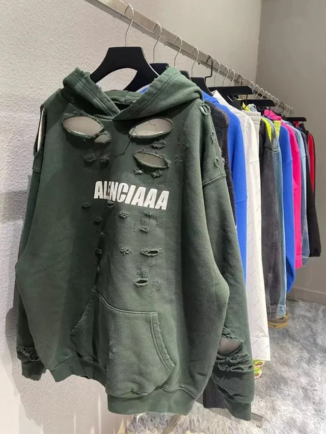  Distressed Green Hoodie with White Logo - Ripped Design [7 styles]